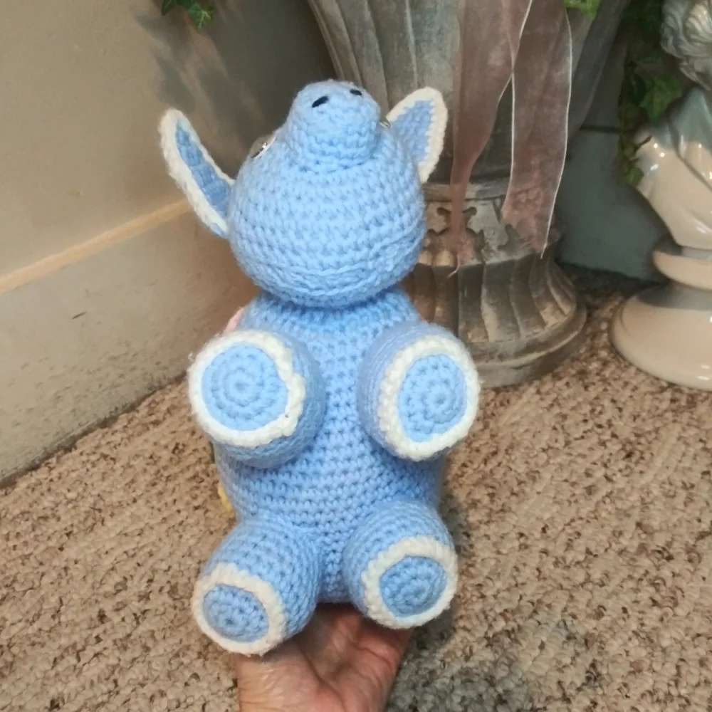 3/$18 Vtge. Blue/White Hand Crocheted Cottagecore Style Pig With Pastel Flowers